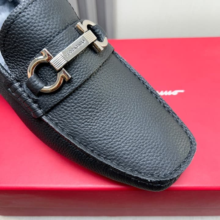 Ferragamo Imported Cowhide Fur-Lined Loafers in Black Patent Leather