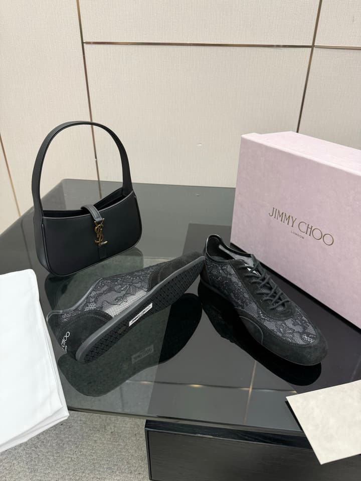 Jimmy Choo Lace-Trimmed Suede Sneakers in Black Lace