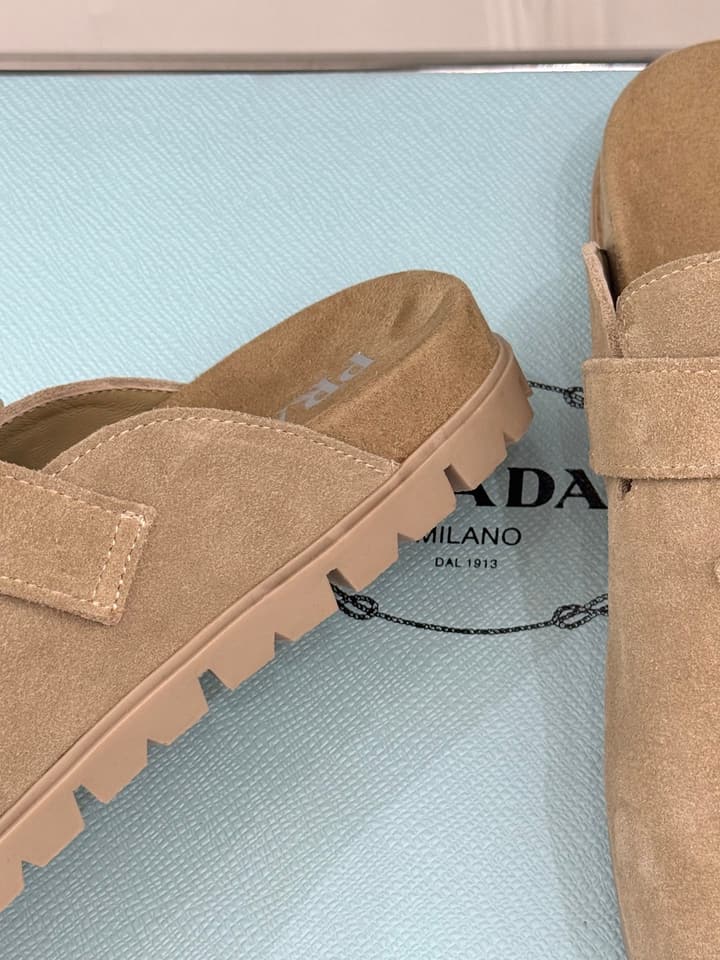 Prada Triangle Logo Birkenstock Slippers – Spring/Summer Collection in Black Suede