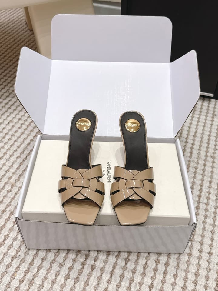 Saint Laurent Melody Square-Toe Heeled Sandals – 2026 Spring/Summer Collection in Beige Patent