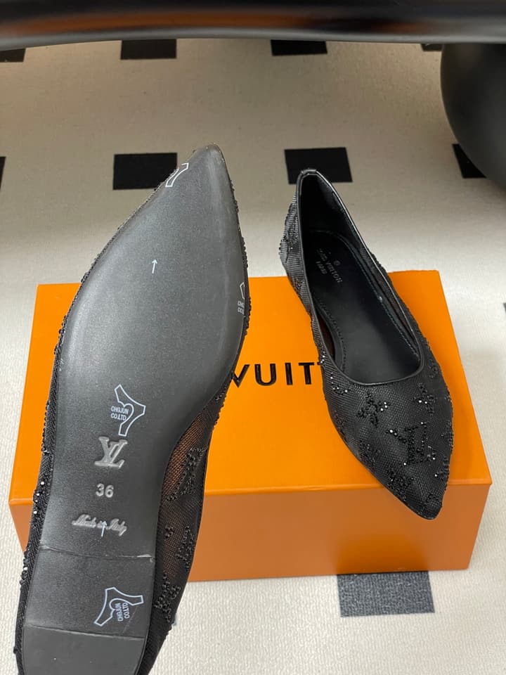 Louis Vuitton Mesh Crystal Pointed-Toe Flats – 25SS Summer Collection in Black Patterned