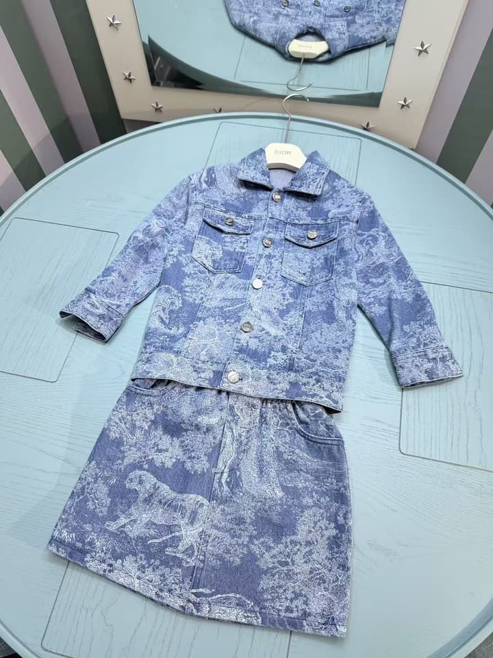 Dior Kids Printed Jacket and Skirt Set – 2025SS – Kids Collection in Blue Watercolor Print Set