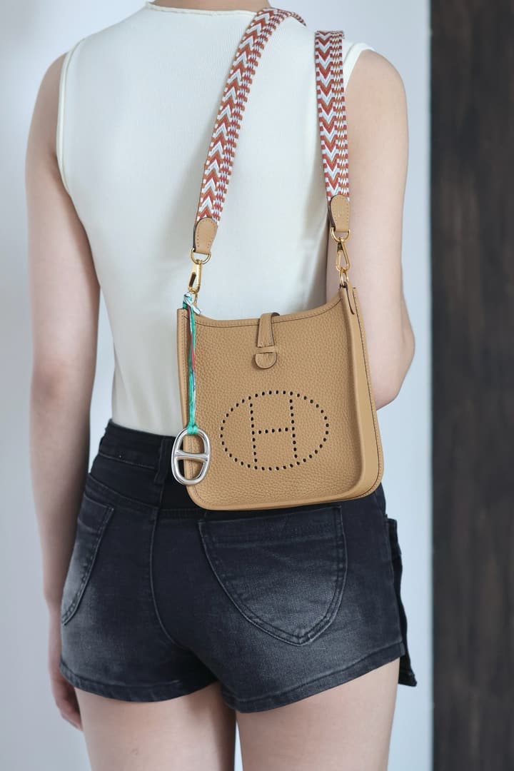Hermès Mini Evelyne TPM – Biscuit with Colorful Strap in Biscuit With Colorful Strap