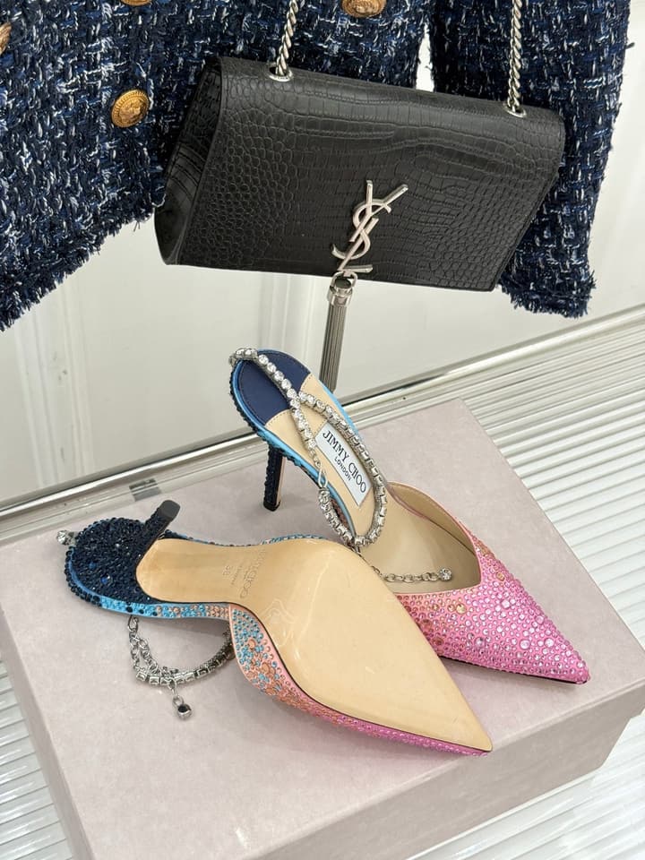 Jimmy Choo Classic Crystal Pointed High-Heeled Sandals in Lavender Yellow Ombre