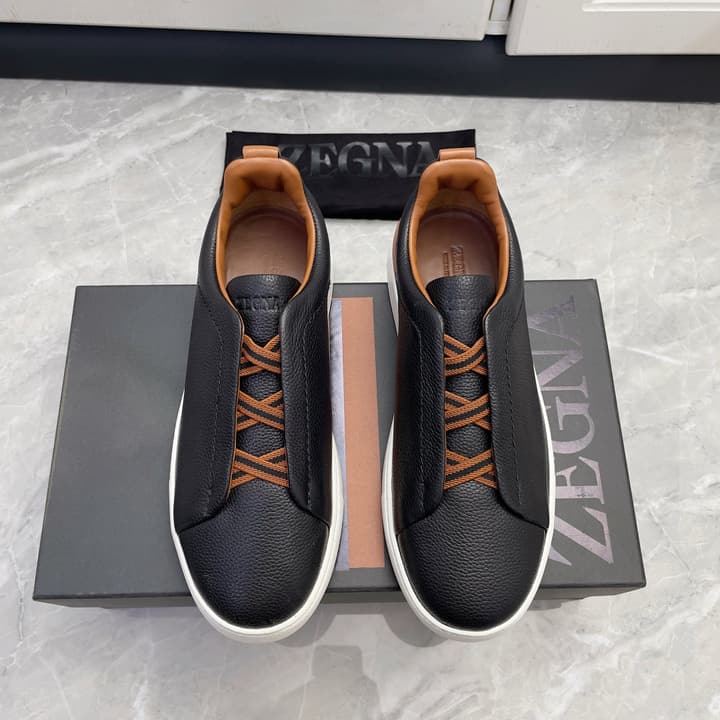 Zegna Triple Stitch Low-Top Sneakers in Navy Blue