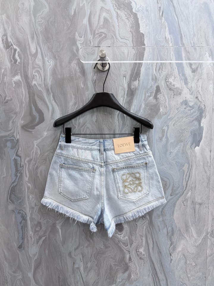 Loewe Embroidered Fringe High-Waist Denim Shorts – 26SS in Light Blue