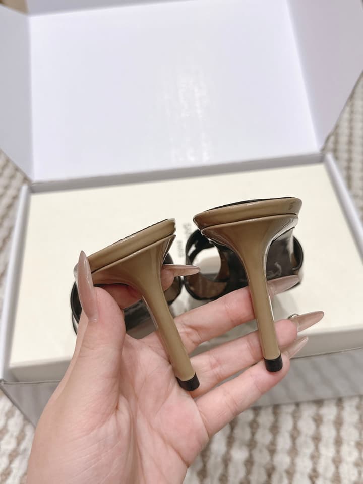 Saint Laurent Melody Square-Toe Heeled Sandals – 2026 Spring/Summer Collection in Beige Patent
