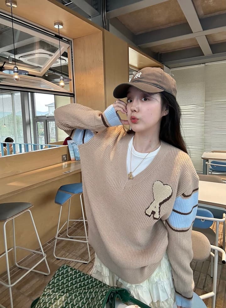 AMI Paris Classic Heart Logo V-Neck Knit Sweater in Khaki Brown With Striped Sleeves