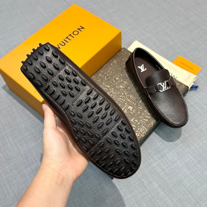 Louis Vuitton Men's Grained Leather Driving Shoes in Dark Gunmetal Hardware