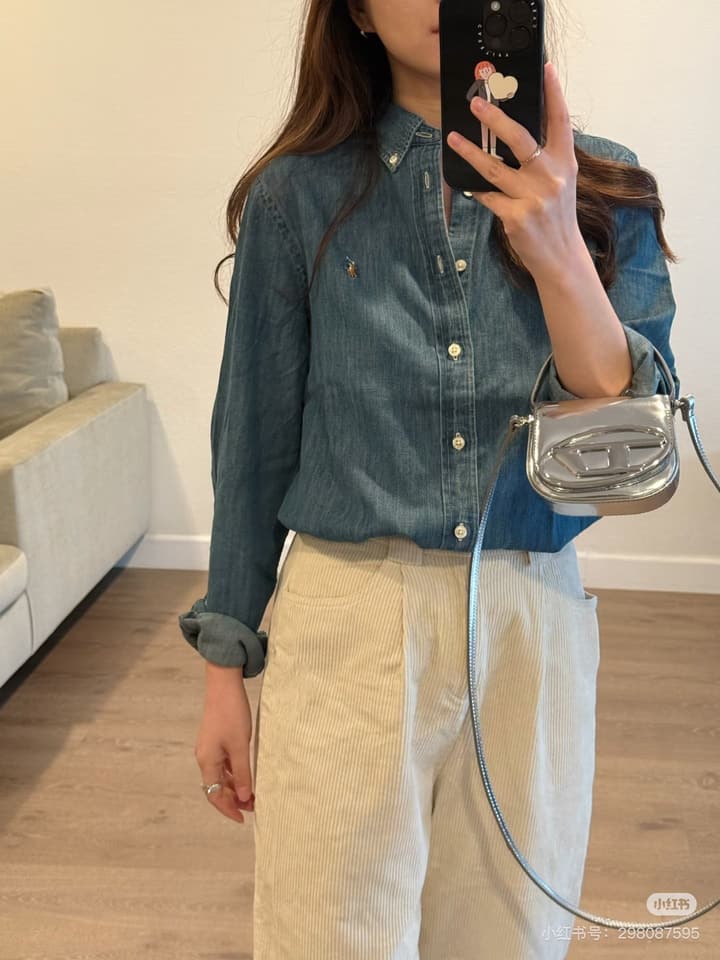 Ralph Lauren Washed Denim Shirt with Embroidered Logo in Dark Wash Denim Flat Lay