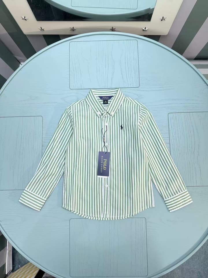 Ralph Lauren Classic Embroidered Logo Shirt – Kids Collection – 2025SS in White And Sage Green Stripe