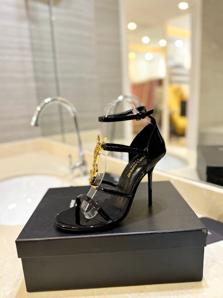 Saint Laurent YSL Logo Lacquer Heeled Sandals in Black Matte With Black Logo
