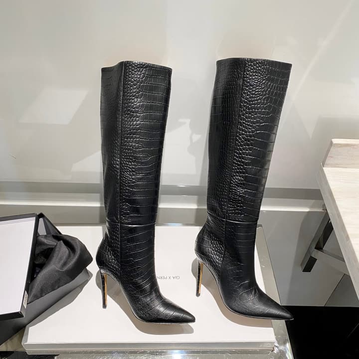Paris Texas Crocodile Embossed Knee-High Boots – 2022 FW in Black Croc Embossed