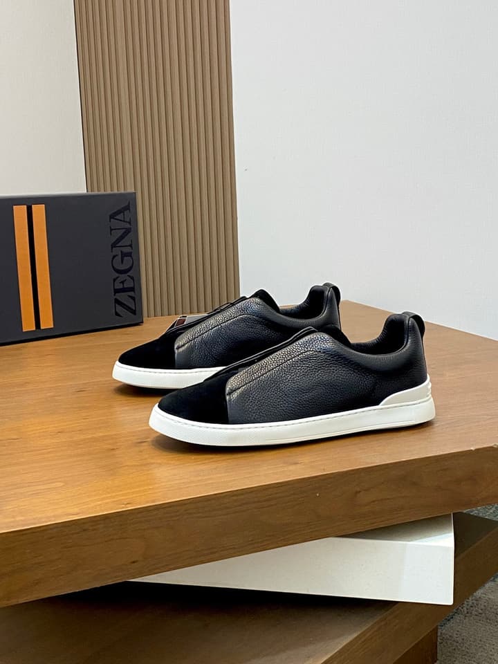 Ermenegildo Zegna Triple Stitch Sneakers in Black Leather With Brown Tag