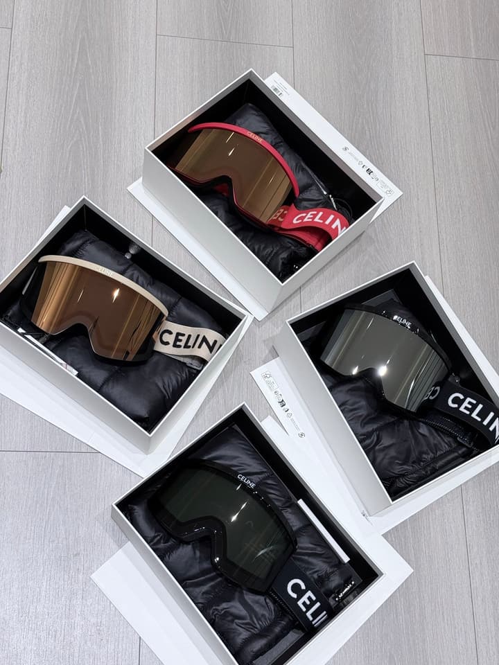 Celine Shield Acetate Ski Goggles in Bronze Lens With Red Strap