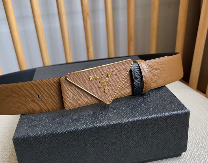Prada Triangle Logo Buckle Belt in Classic Camel Leather