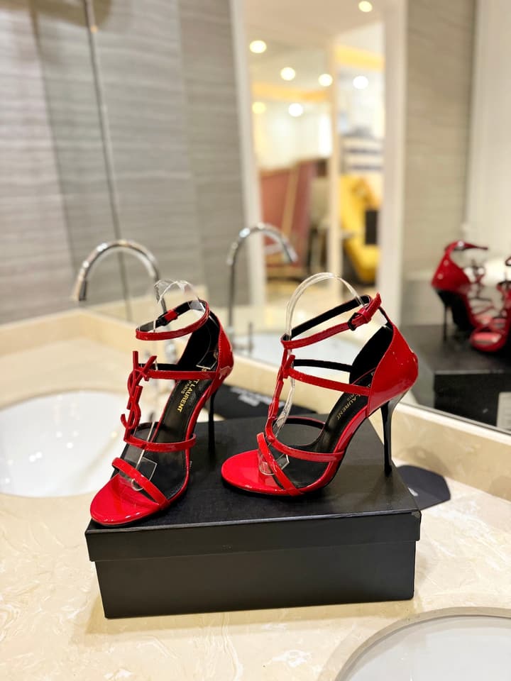 Saint Laurent YSL Logo Lacquer Heeled Sandals in Black Matte With Black Logo
