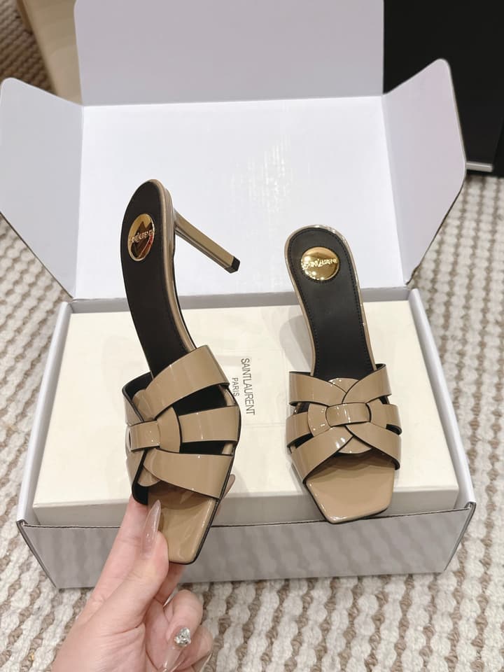 Saint Laurent Melody Square-Toe Heeled Sandals – 2026 Spring/Summer Collection in Beige Patent