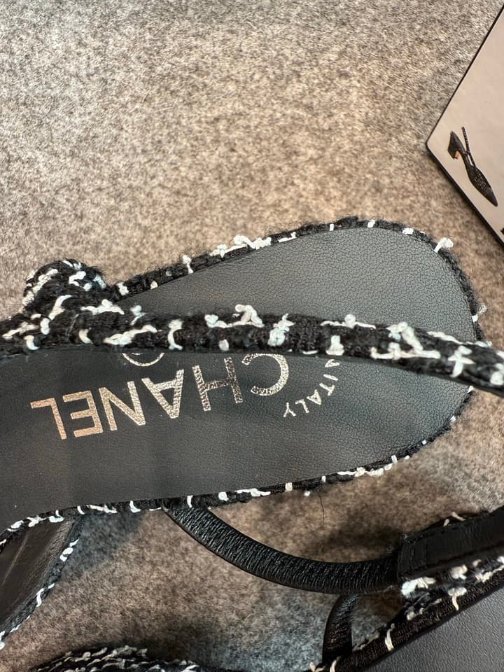 Chanel Classic Slingback Heels in Bright Black And White Tweed