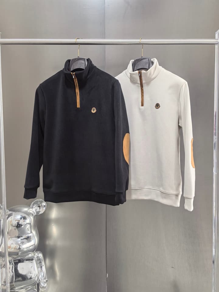Moncler Men's Half-Zip Suede Sweatshirt – Spring 2025S in Black