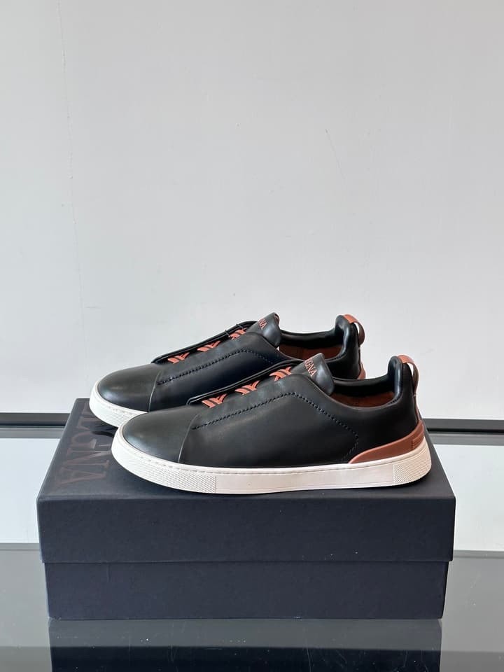 Zegna Men's Low-Top Leather Sneakers in Black & White