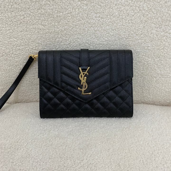Saint Laurent Monogram Envelope Clutch Bag in Classic Black Quilted Leather