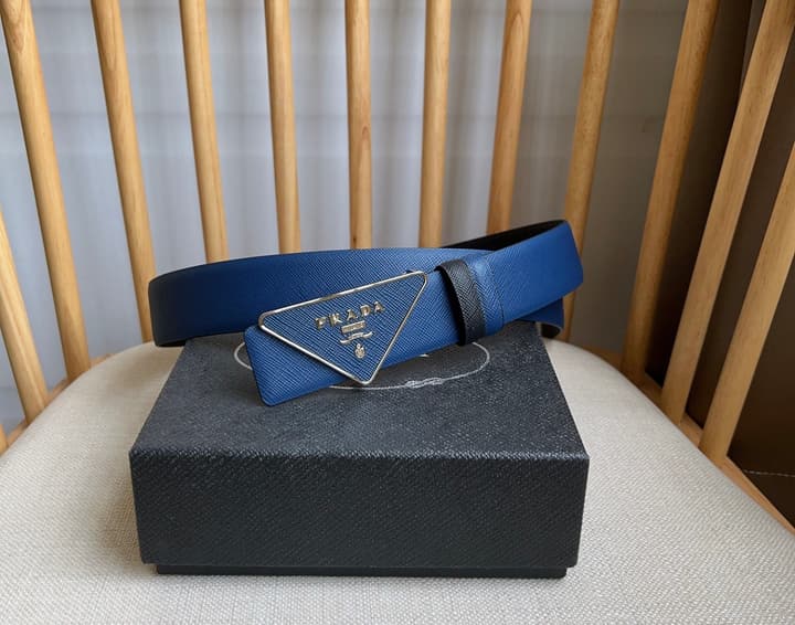 Prada Triangle Logo Buckle Belt in Black Textured Leather With Black Buckle