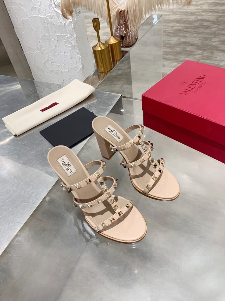 Valentino Studded Classic Block Heel Sandals in Beige