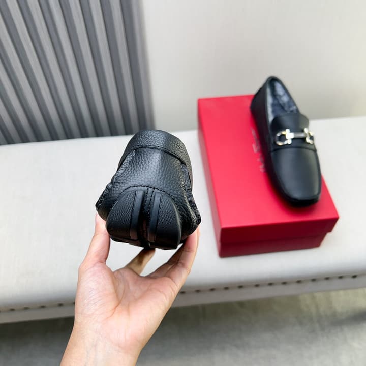 Ferragamo Imported Cowhide Fur-Lined Loafers in Black Patent Leather