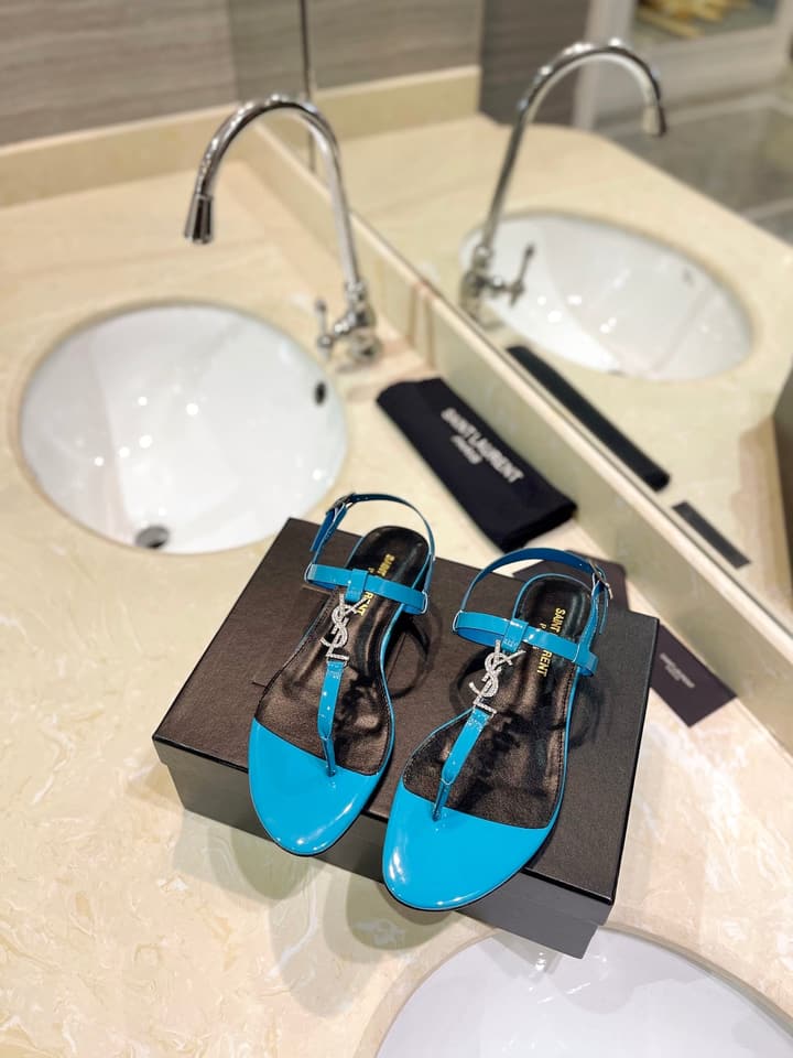 Saint Laurent Beautiful Siren Flat Sandals in Bright Blue