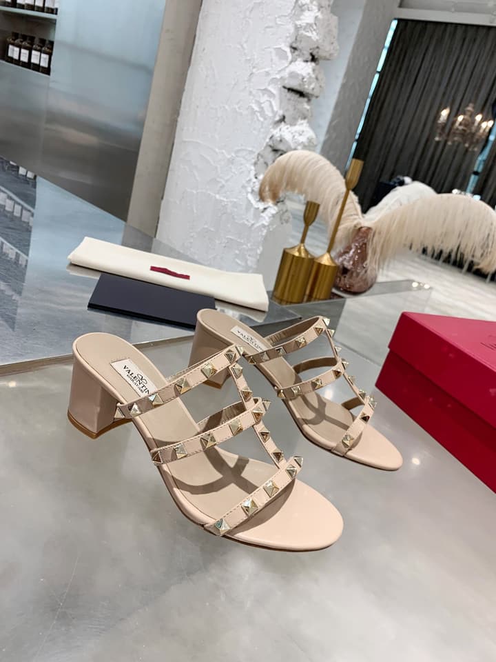 Valentino Rockstud Classic Block Heel Sandals in Nude With Gold Studs