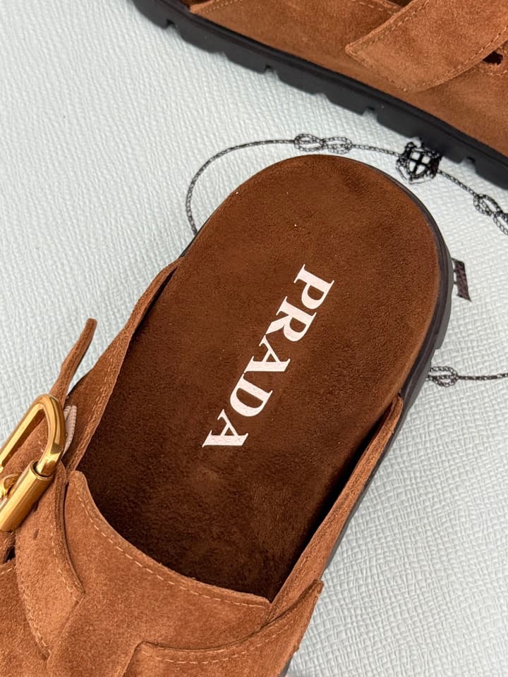 Prada Triangle Logo Birkenstock Slippers – Spring/Summer Collection in Black Suede