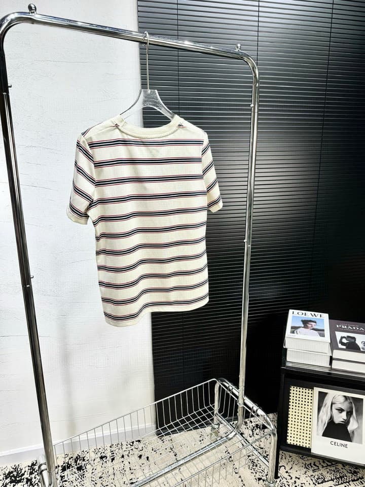 Miu Miu Embroidered Striped T-Shirt in Cream Striped