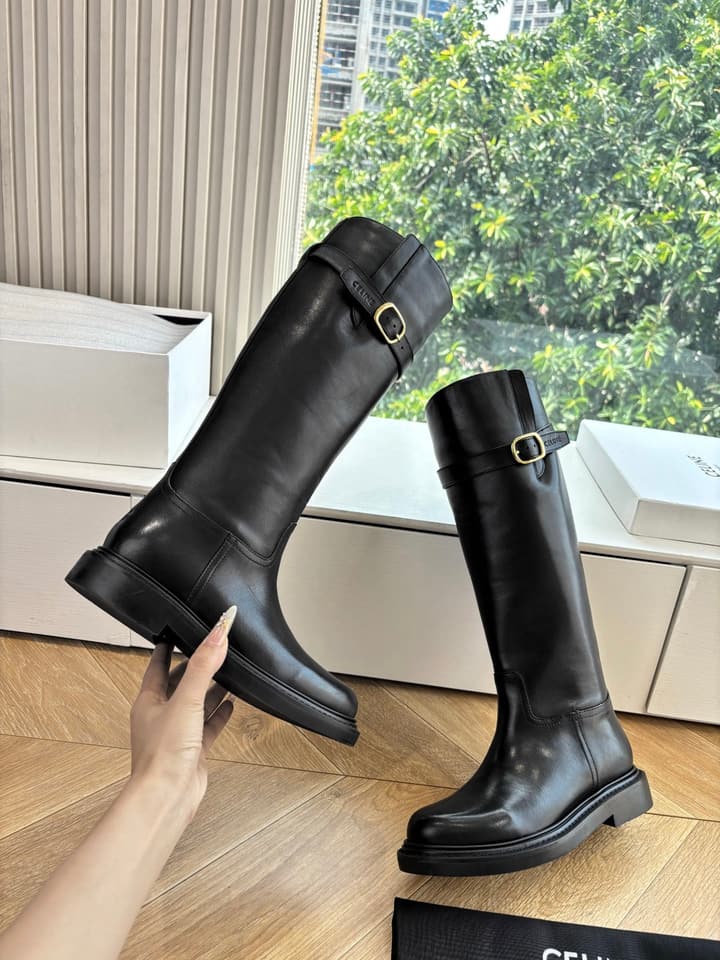 Celine Triomphe Leather Knight Boots – 2025 Autumn/Winter Collection in Black