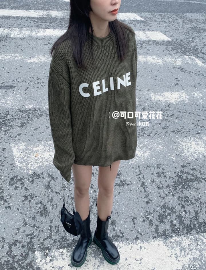 Celine Classic Embroidered Crewneck Sweater in Army Green