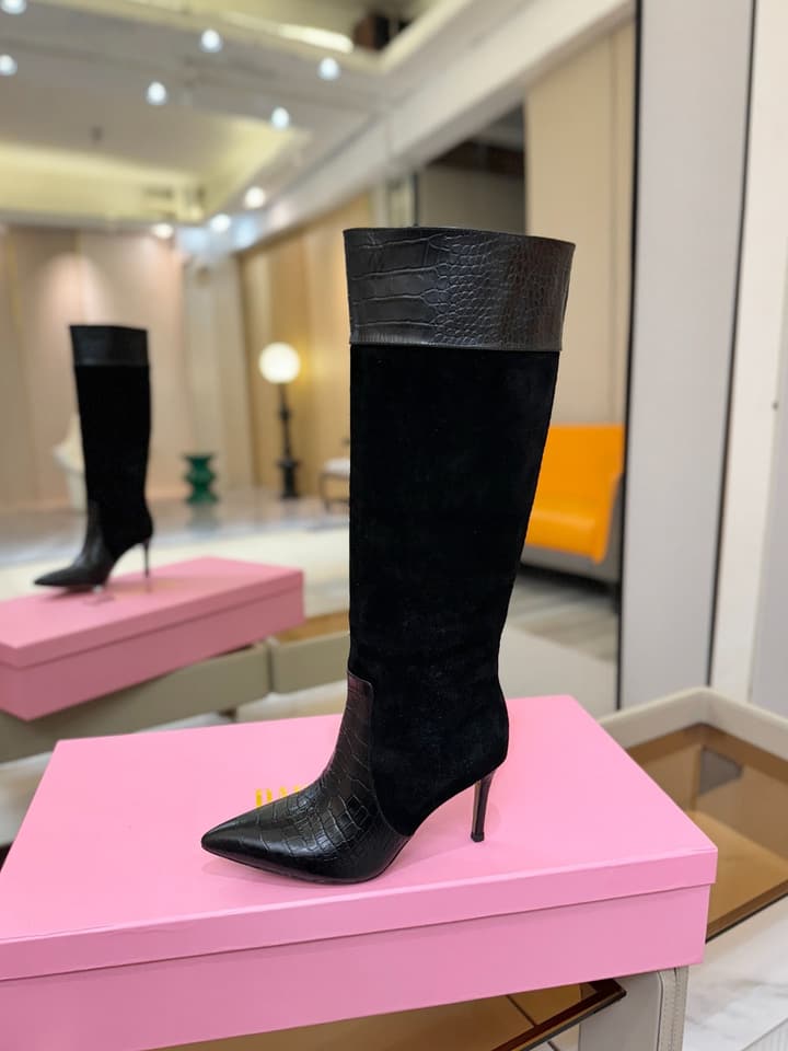 Paris Texas Crocodile Embossed Stiletto Knee-High Boots in Black Suede And Leather