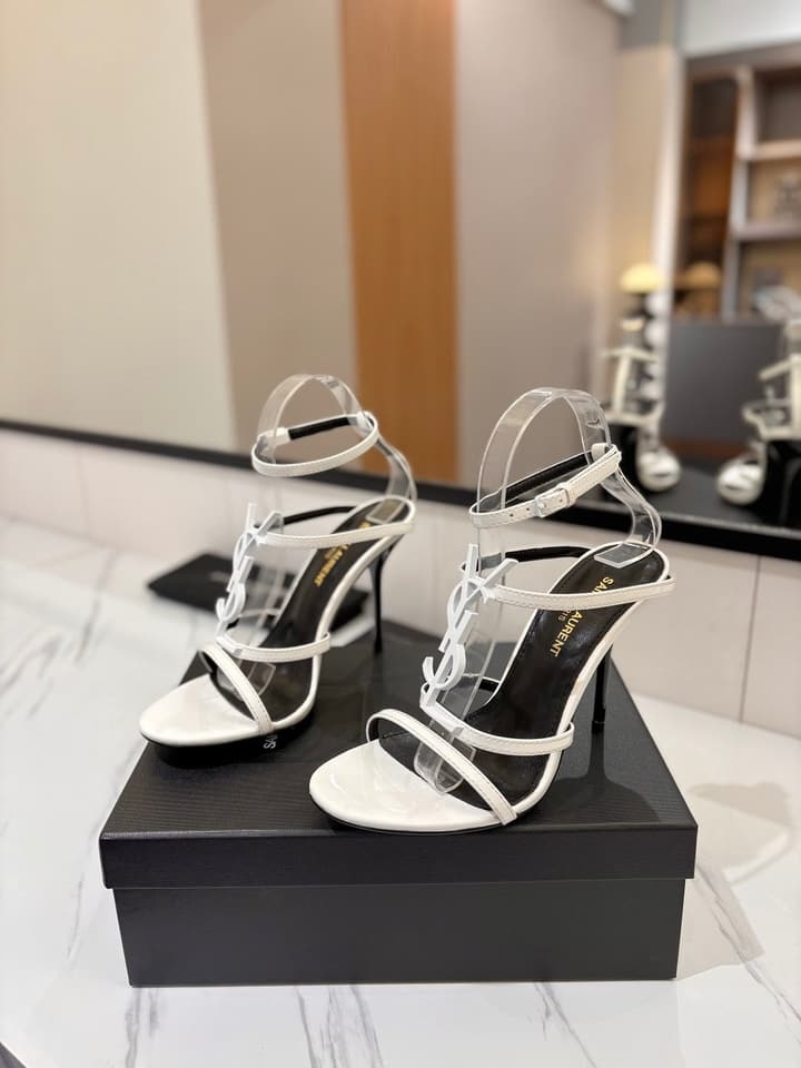 Saint Laurent YSL Logo Mirror Leather Heeled Sandals in Black With Black Logo