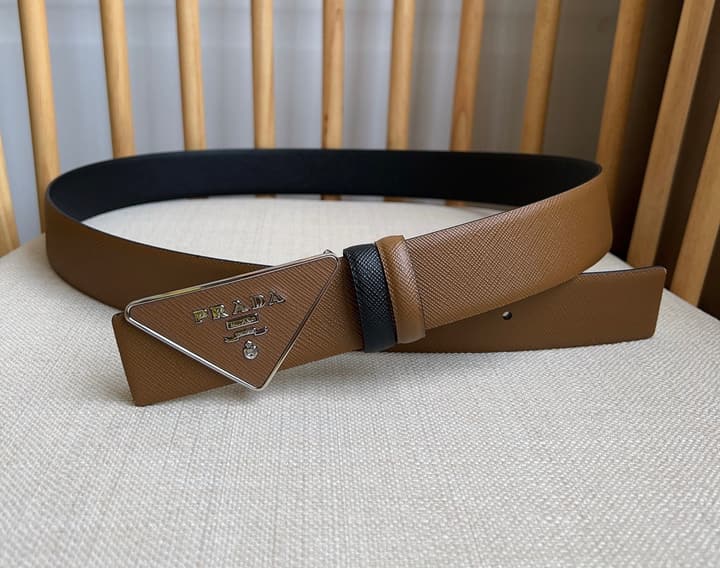 Prada Triangle Logo Buckle Belt in Classic Camel Leather