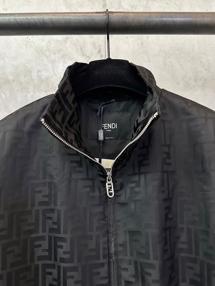 Fendi Stand Collar Nylon Bomber Jacket in Black Jacquard Bomber Jacket