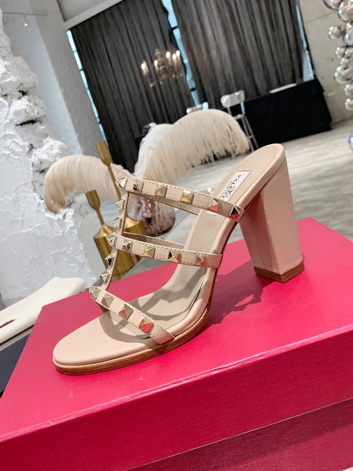 Valentino Studded Classic Block Heel Sandals in Beige