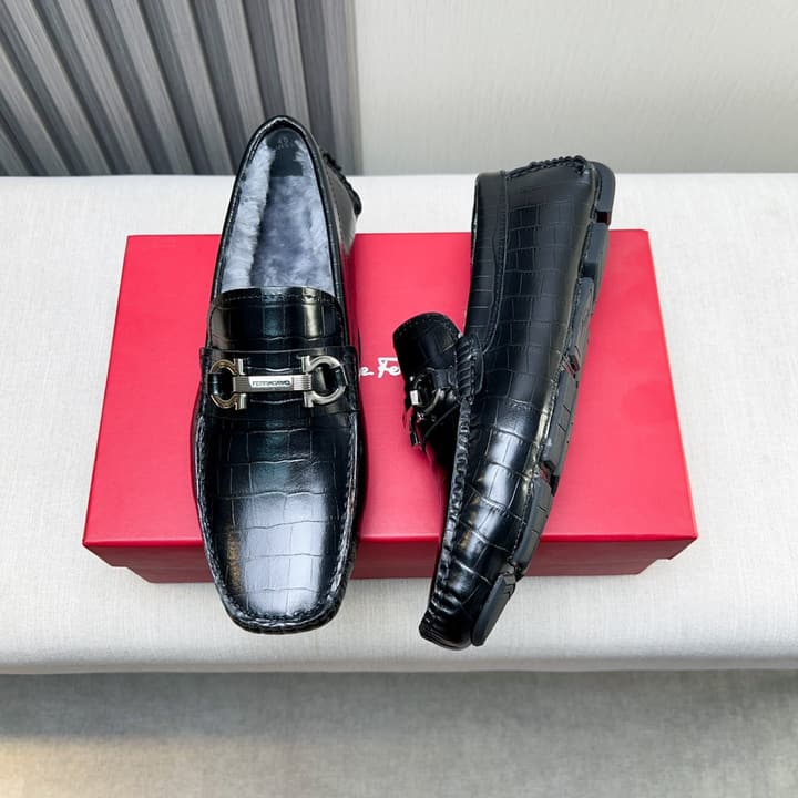 Ferragamo Imported Cowhide Fur-Lined Loafers in Black Patent Leather