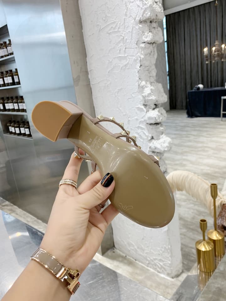 Valentino Rockstud Classic Block Heel Sandals in Nude With Gold Studs