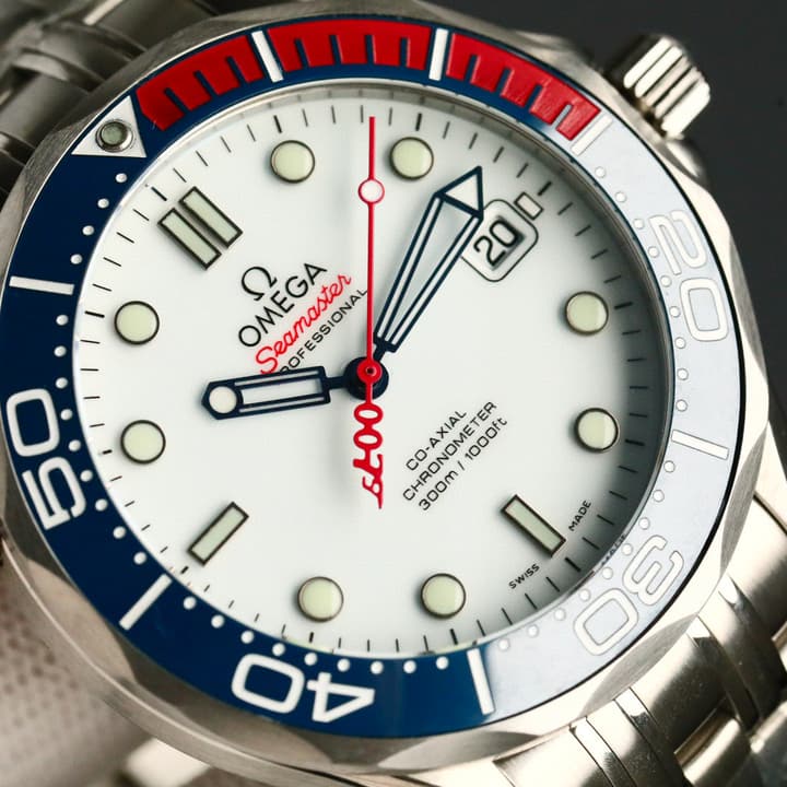 Omega Seamaster 300 Dive Watch in White Dial Blue Red Bezel