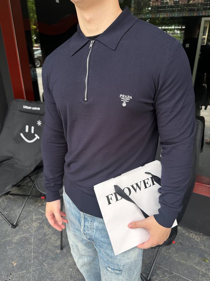 Prada Embroidered Zipper Long-Sleeve Polo Shirt
