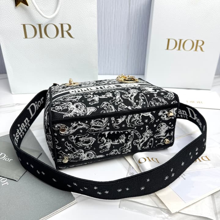 Dior Lady Dior 5-Grid Hand-Embroidered Handbag in Black Embroidered Toile