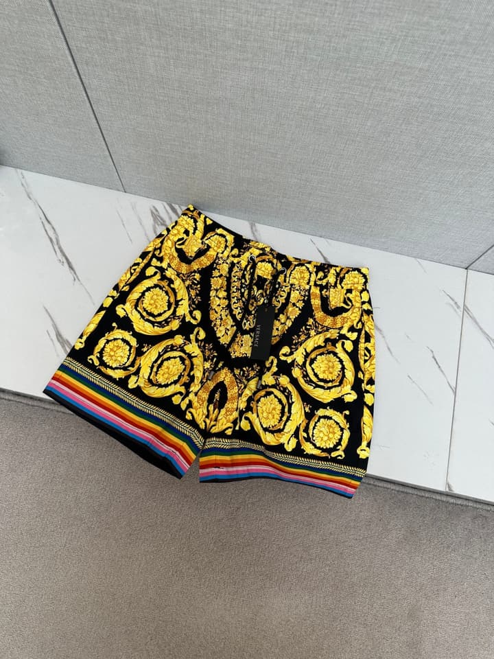 Versace Men's Casual Beach Shorts – 2025SS Collection in Black Gold Baroque Print