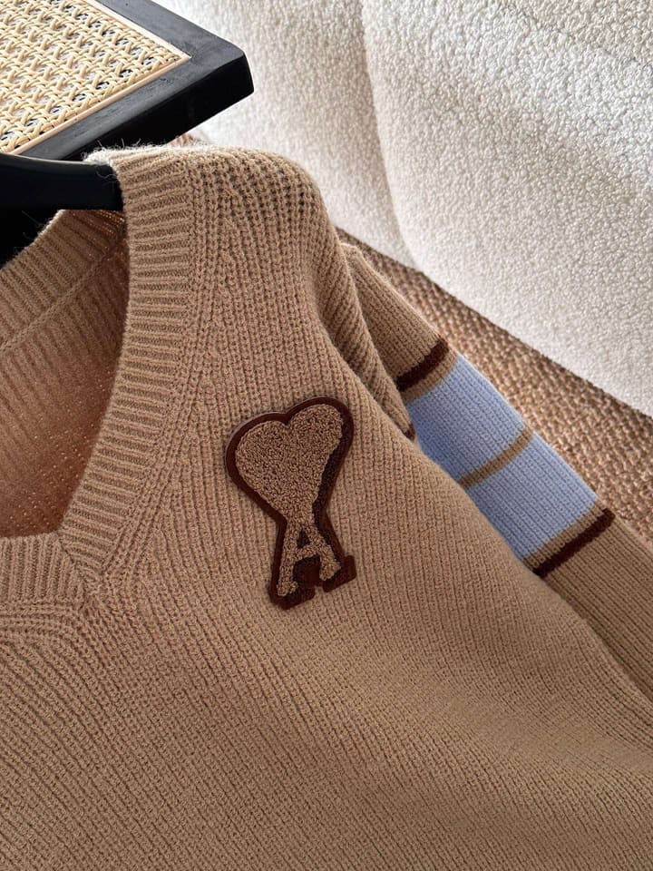 AMI Paris Warm Khaki V-Neck Sweater in Warm Khaki With Blue Color Block Sleeves