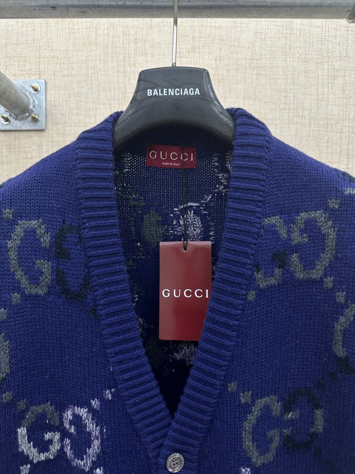 Gucci Double G Monogram Knit Cardigan in Deep Blue Gg Pattern Cardigan