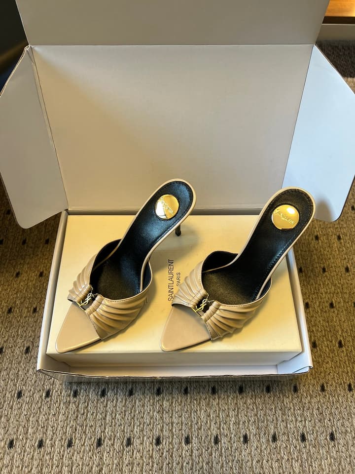 Saint Laurent Ruched Leather Mules – 26SS in Beige