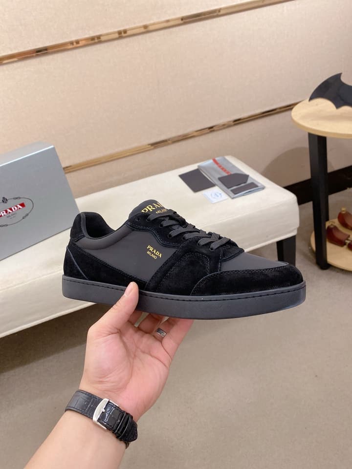 Prada Men's Leather Air Cushion Sneakers in Black Monochromatic